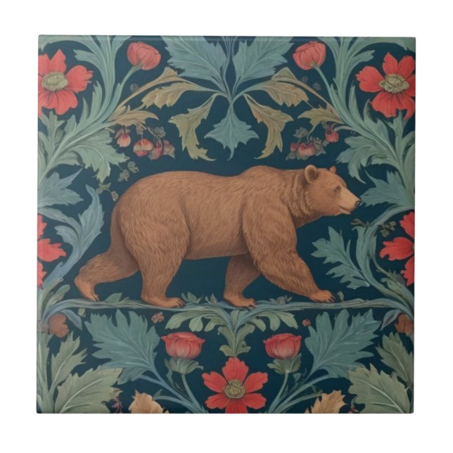 Bear William Morris style Right Facing Red Floral Tile (Front)