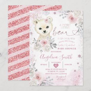 Bear Winter Pastel Pink Snowflake Baby Shower Invitation