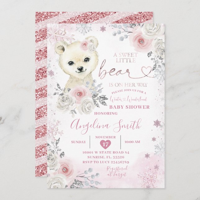 Bear Winter Pastel Pink Snowflake Baby Shower  Invitation (Front/Back)