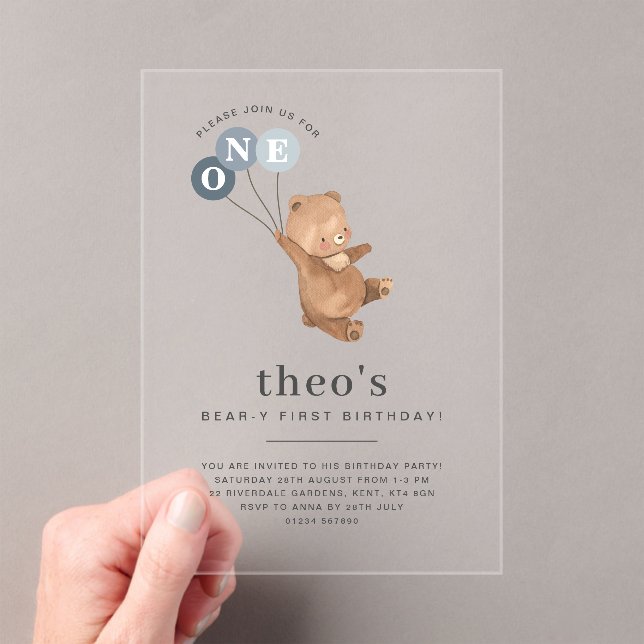 Bear with 3 Blue Balloons 1st Birthday Invitation (Insitu (Handheld))