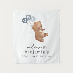 Bear with 3 Blue Balloons Welcome Sign Tapestry