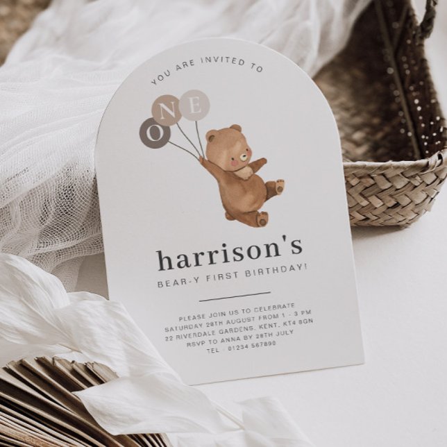 Bear with 3 Brown Balloons 1st Arch Birthday Invitation (Zazzle Bear with 3 Brown Balloons 1st Arch Birthday Invitation)