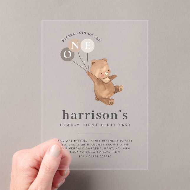 Bear with 3 Brown Balloons 1st Birthday Acrylic Invitations (Insitu (Handheld))
