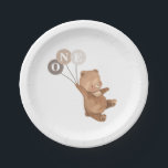Bear with 3 Brown Balloons - 1st Birthday Paper Plate<br><div class="desc">A sweet bear holding 3 brown balloons,  ideal for your teddy bear's picnic party! The balloons are neutral toned but you can also change the colour of each one if you prefer. You can also change the 'ONE' letters or delete them.</div>