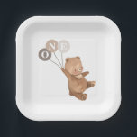 Bear with 3 Brown Balloons - 1st Birthday Paper Plate<br><div class="desc">A sweet bear holding 3 brown balloons,  ideal for your teddy bear's picnic party! The balloons are neutral toned but you can also change the colour of each one if you prefer. You can also change the 'ONE' letters or delete them.</div>