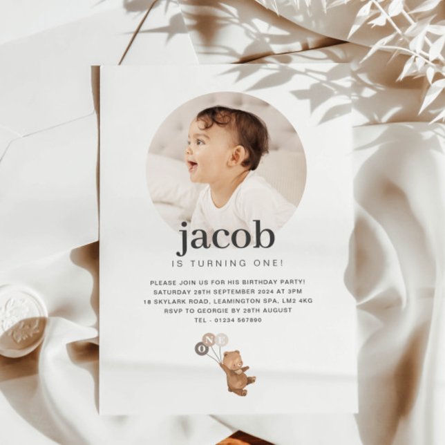 Bear with 3 Brown Balloons - Photo Birthday Invitation (Bear with 3 Brown Balloons - Photo Birthday Invitation)