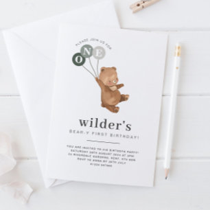 Bear with 3 Green Balloons 1st Birthday Invitation