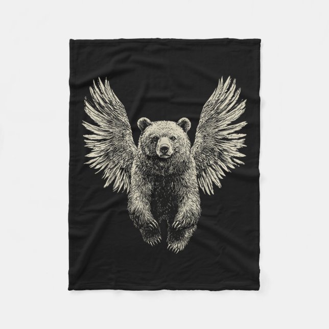 Bear With Angel Wings Retro Wildlife Artwork Flyin Fleece Blanket (Front)