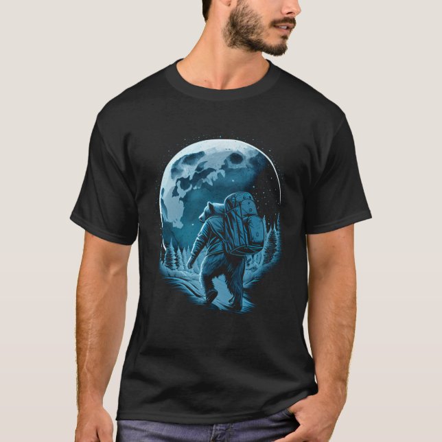 Bear With Backpack Travels On The Moon Graphic T-Shirt (Front)