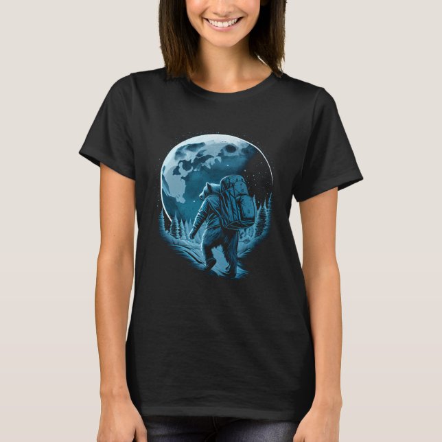 Bear With Backpack Travels On The Moon Graphic T-Shirt (Front)