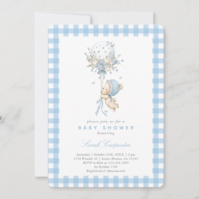 Bear with Balloon Baby Shower Boy Invitation (Front)