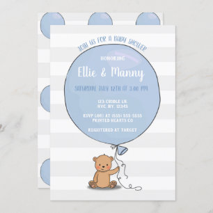 Bear with Balloon Baby Shower Invitation Blue