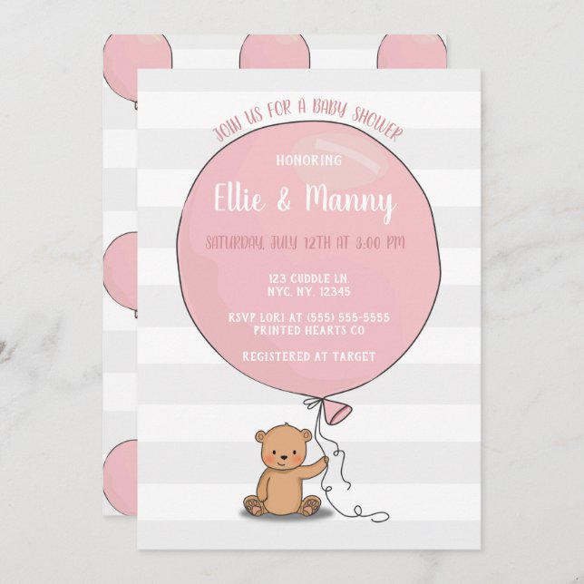 Bear with Balloon Baby Shower Invitation | Pink (Front/Back)