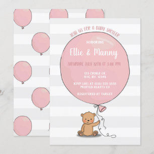 Bear with Balloon Baby Shower Invitation Pink