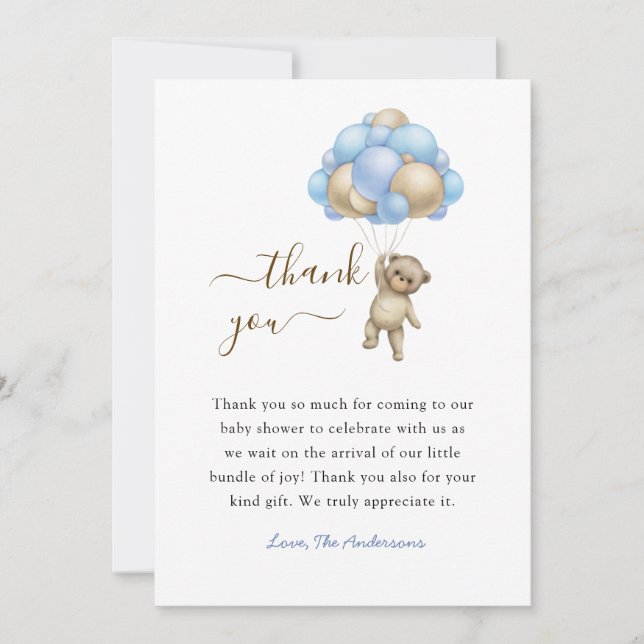 Bear with Balloons Baby Boy shower Thank you card (Front)