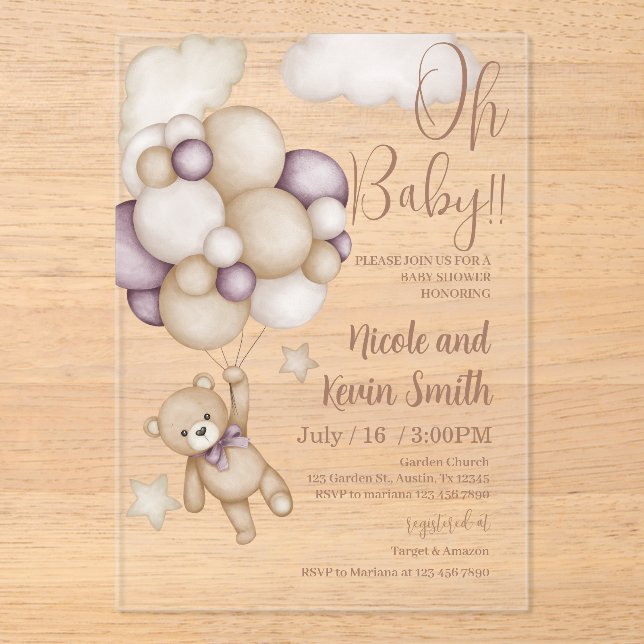 bear with balloons baby shower acrylic invitations (Front)
