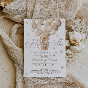 Bear with Balloons & Hearts Gender Reveal Invitation