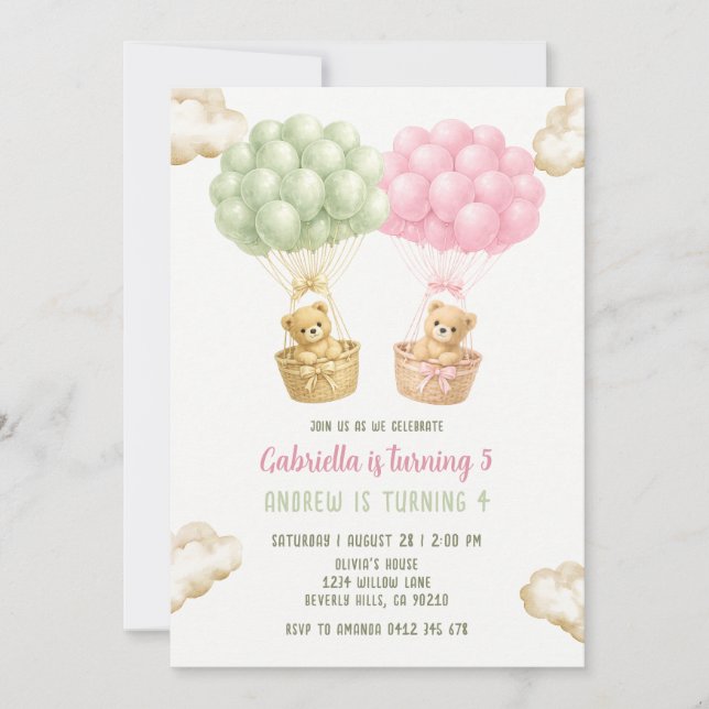 Bear With Balloons Joint Sibling Birthday Invitation (Front)