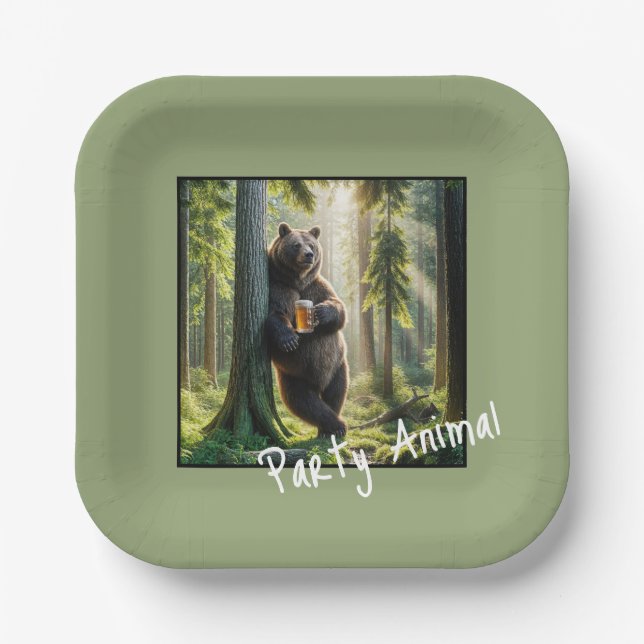 Bear with Birthday Beer Paper Plate (Front)