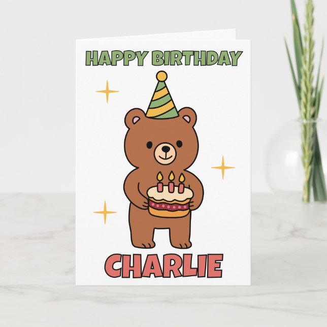 Bear With Birthday Cake Party Birthday Card (Front)