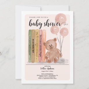 Bear with Books Bearly Wait Girl Baby Shower Invitation