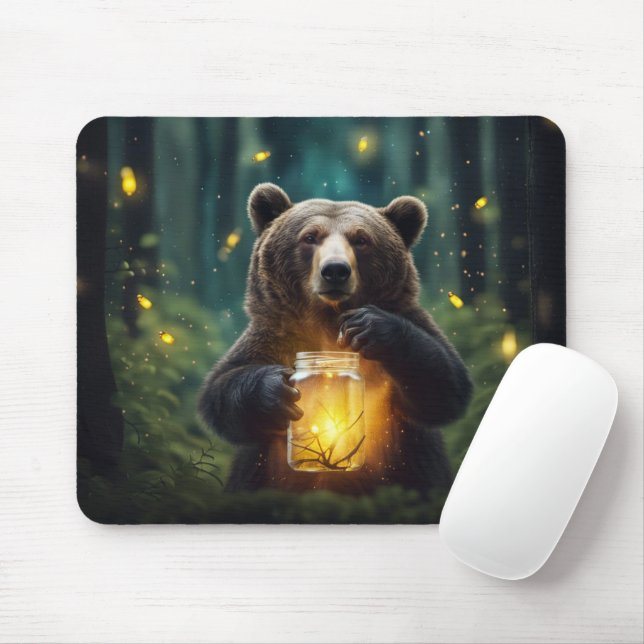 Bear With Fireflies In Jar Mouse Mat (With Mouse)