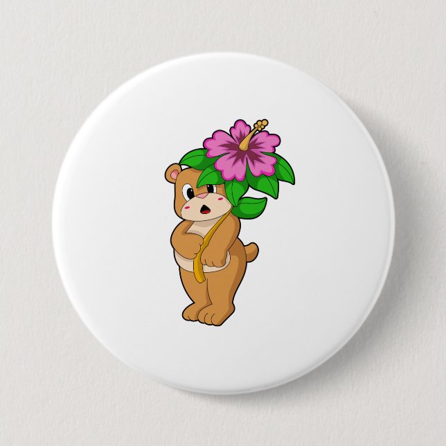 Bear with Flower Hibiscus 7.5 Cm Round Badge (Front)