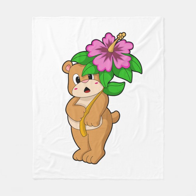 Bear with Flower Hibiscus Fleece Blanket (Front)