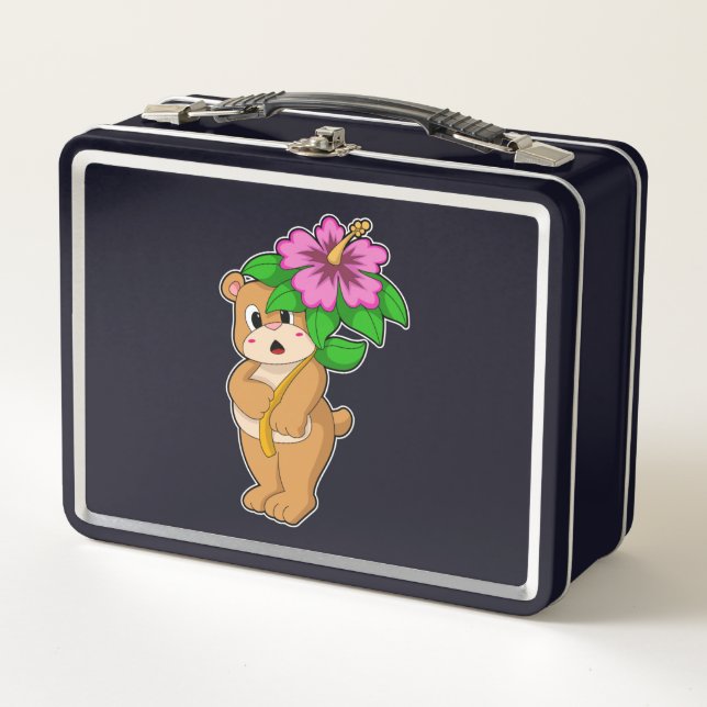 Bear with Flower Hibiscus Metal Lunch Box (Front)
