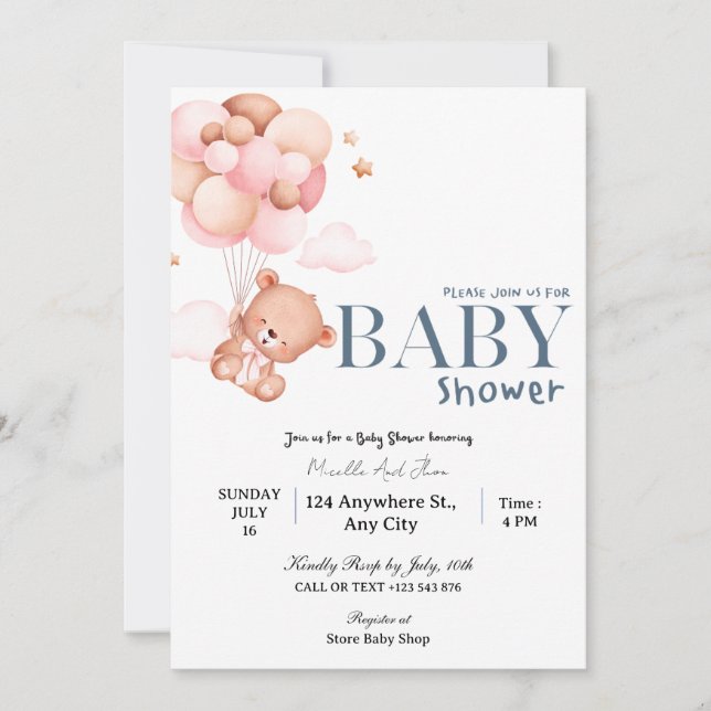 Bear With Flying Balloons Baby Shower Invitation (Front)