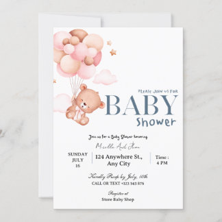 Bear With Flying Balloons Baby Shower Invitation