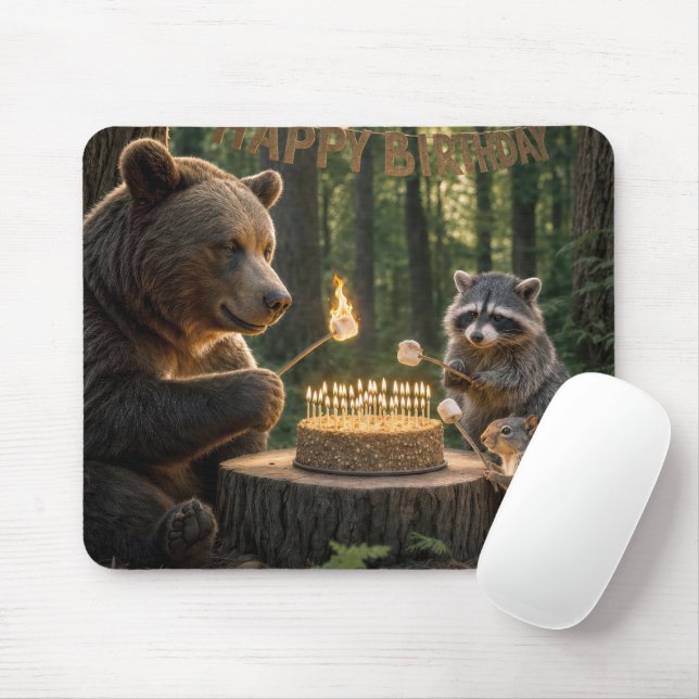 Bear with Friends Roasting Marshmallows Over Cake Mouse Mat (With Mouse)