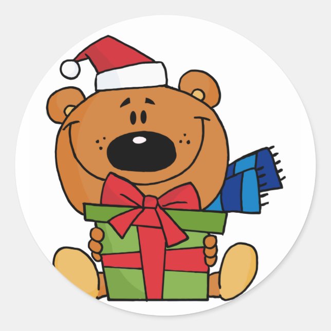 Bear With Gift Holiday Tshirts and Gifts Classic Round Sticker (Front)
