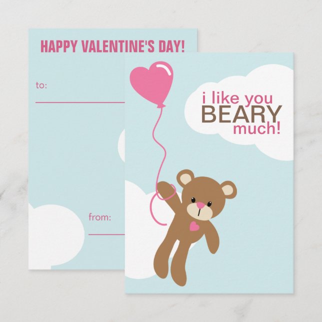 Bear with Heart Shaped Balloon Valentines Invitation (Front/Back)
