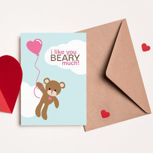Bear with Heart Shaped Balloon Valentines Note Card