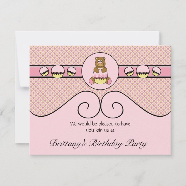 Bear With Pink Cupcake Diamonds Invitation (Front)