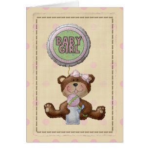 Bear with Rattle & Baby Girl Balloon Blank Card