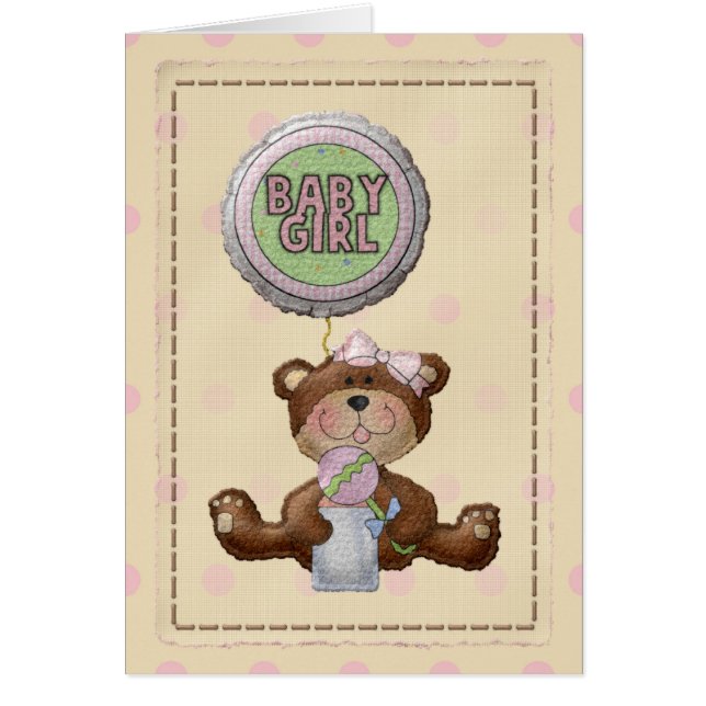Bear with Rattle & Baby Girl Balloon Blank Card (Front)