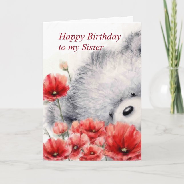 Bear with Red flowers, Happy Birthday Sister Card (Front)