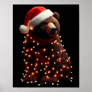 Bear With Santa Hat And Christmas Lights Xmas Brow Poster