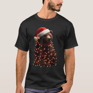 Bear With Santa Hat And Christmas Lights Xmas Brow T-Shirt