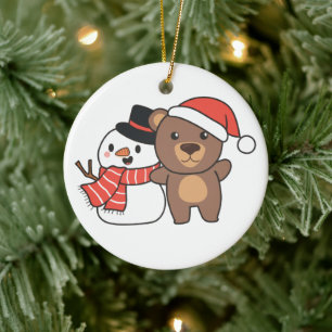 Bear With Snowman In Winter For Christmas Ceramic  Tree Decoration