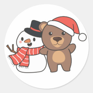 Bear With Snowman In Winter For Christmas Classic  Round Sticker