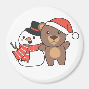 Bear With Snowman In Winter For Christmas Magnet