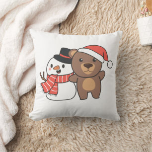 Bear With Snowman In Winter For Christmas Throw Pi Cushion