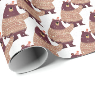 bear with stocking cap and snowflakes wrapping paper