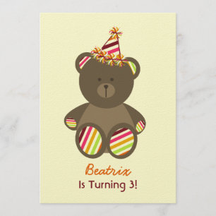 Bear With Striped Birthday Hat Girl's Party Invitation
