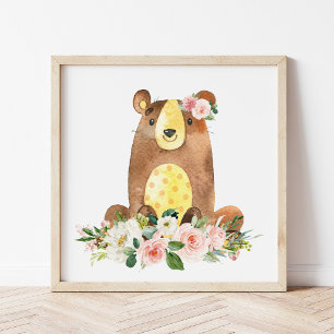 Bear, Woodland Animals, Boho, Pink Flowers Photo Print