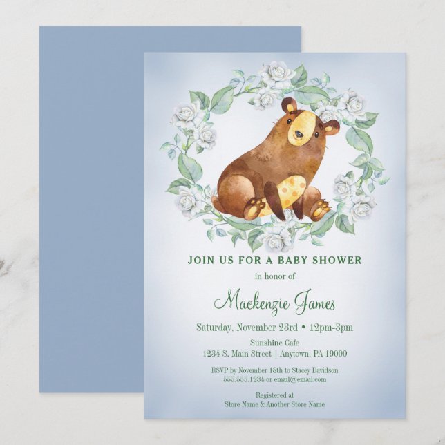 Bear Woodland Baby Shower Invitation Boys Blue (Front/Back)