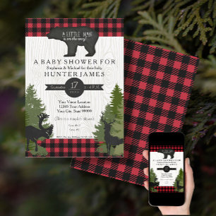 Bear Woodland Forest Buffalo Check Baby Shower 5x7 Invitation